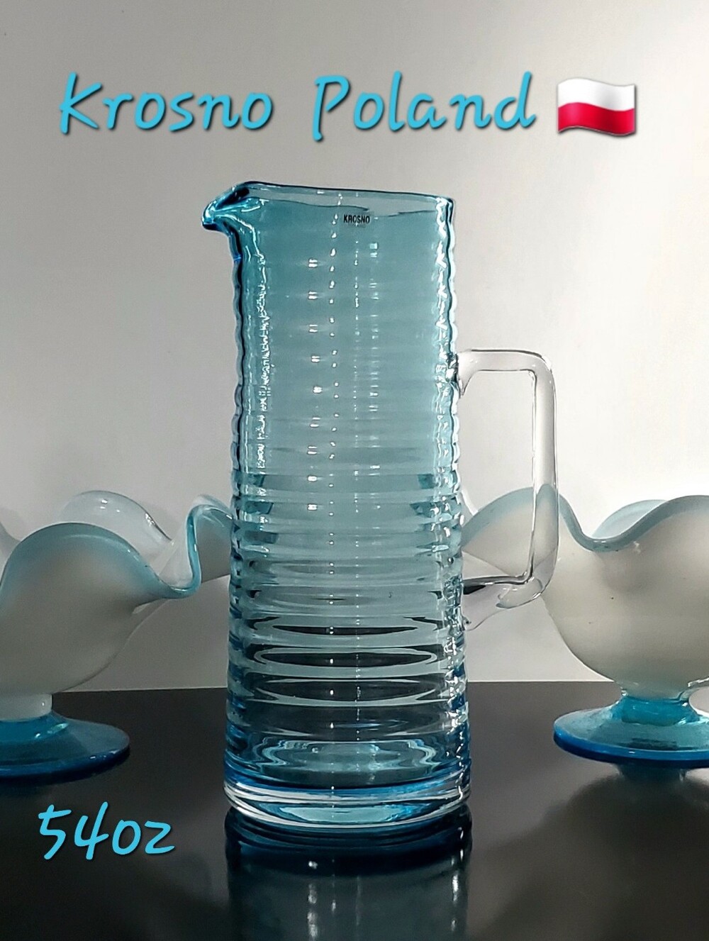 54oz Krosno 🇵🇱 Poland Turquoise  Aquamarine Blue Ribbed 11" Glass Pitcher Vase
